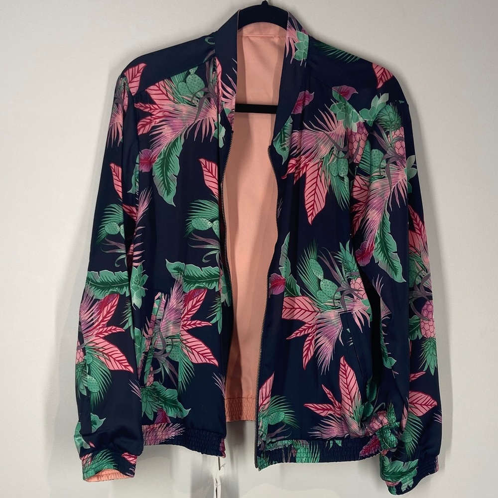 Reversible GAP Women's Floral Bomber Jacket - Dark Blue with Pink and Green